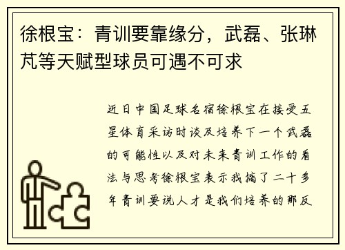 徐根宝：青训要靠缘分，武磊、张琳芃等天赋型球员可遇不可求